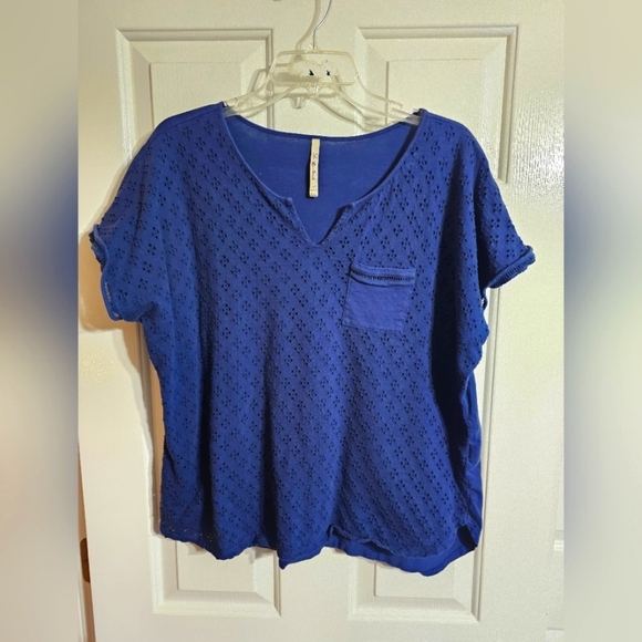 Leo & Nicole Blue Eyelet Lined V-Neck Short Sleeve Blouse 2X Summer Boho Peasant - Picture 2 of 6